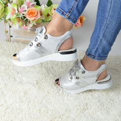 Sandale Dama din Piele Naturala,alb,argintiu