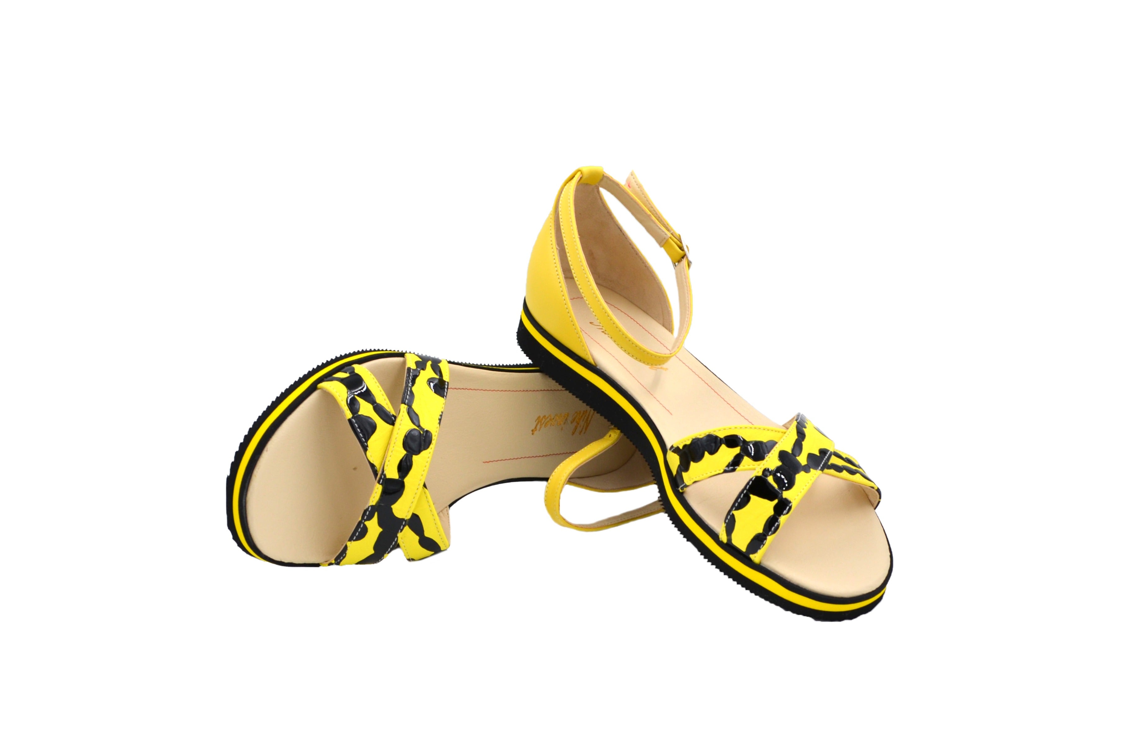 Sandale Dama din Piele Naturala,black,yellow