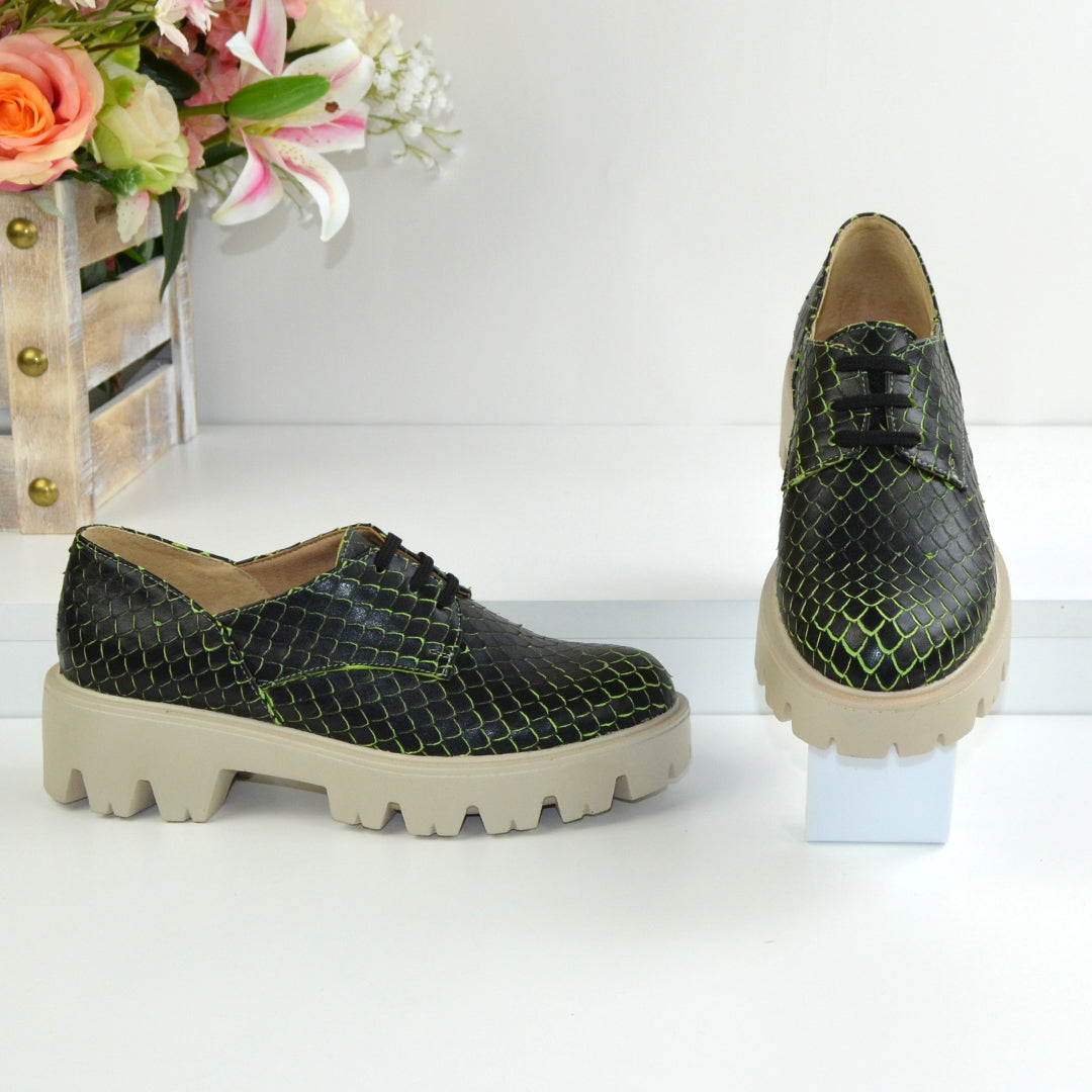 Pantofi Casual Dama din piele Naturala,Afrodita,negru cu verde