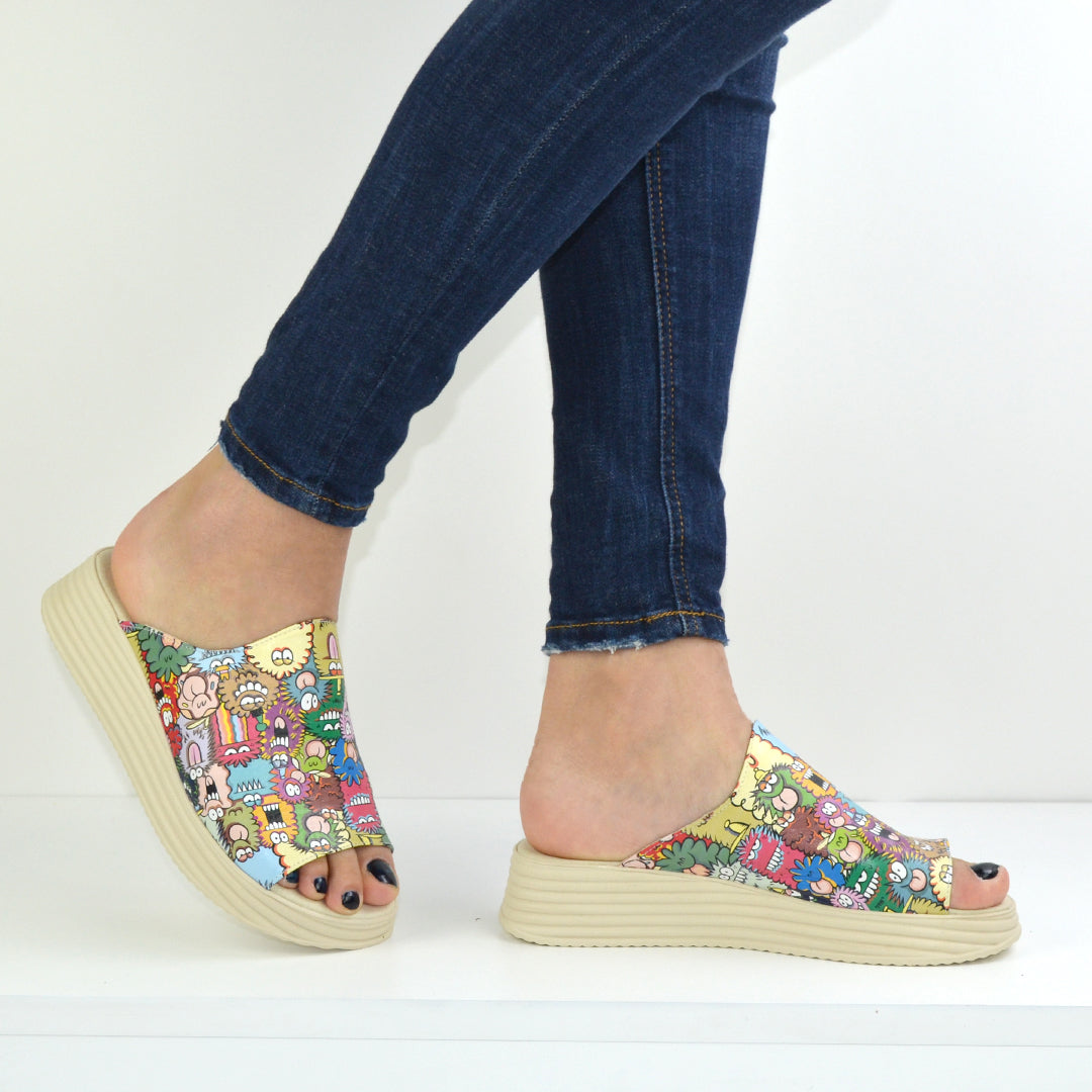 Sandale Dama din Piele Naturala,papuc,imprimeu multicolori