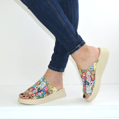 Sandale Dama din Piele Naturala,papuc,imprimeu multicolori